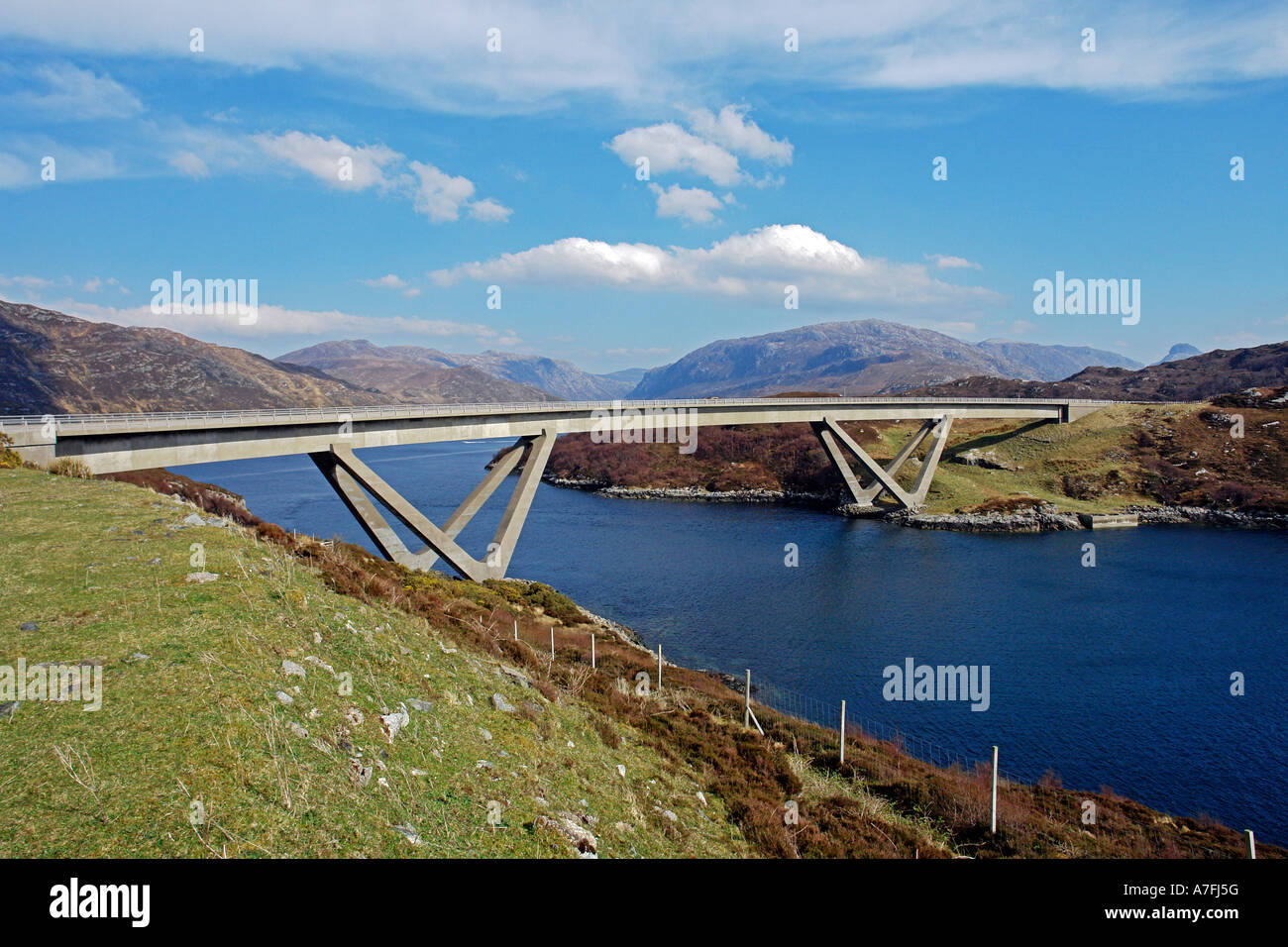 Kylesku Bridge on A894 North Coast 500 at Kylesku Highland Scotland replacing old ferry and providing A894 with unbroken link to Durness Stock Photo