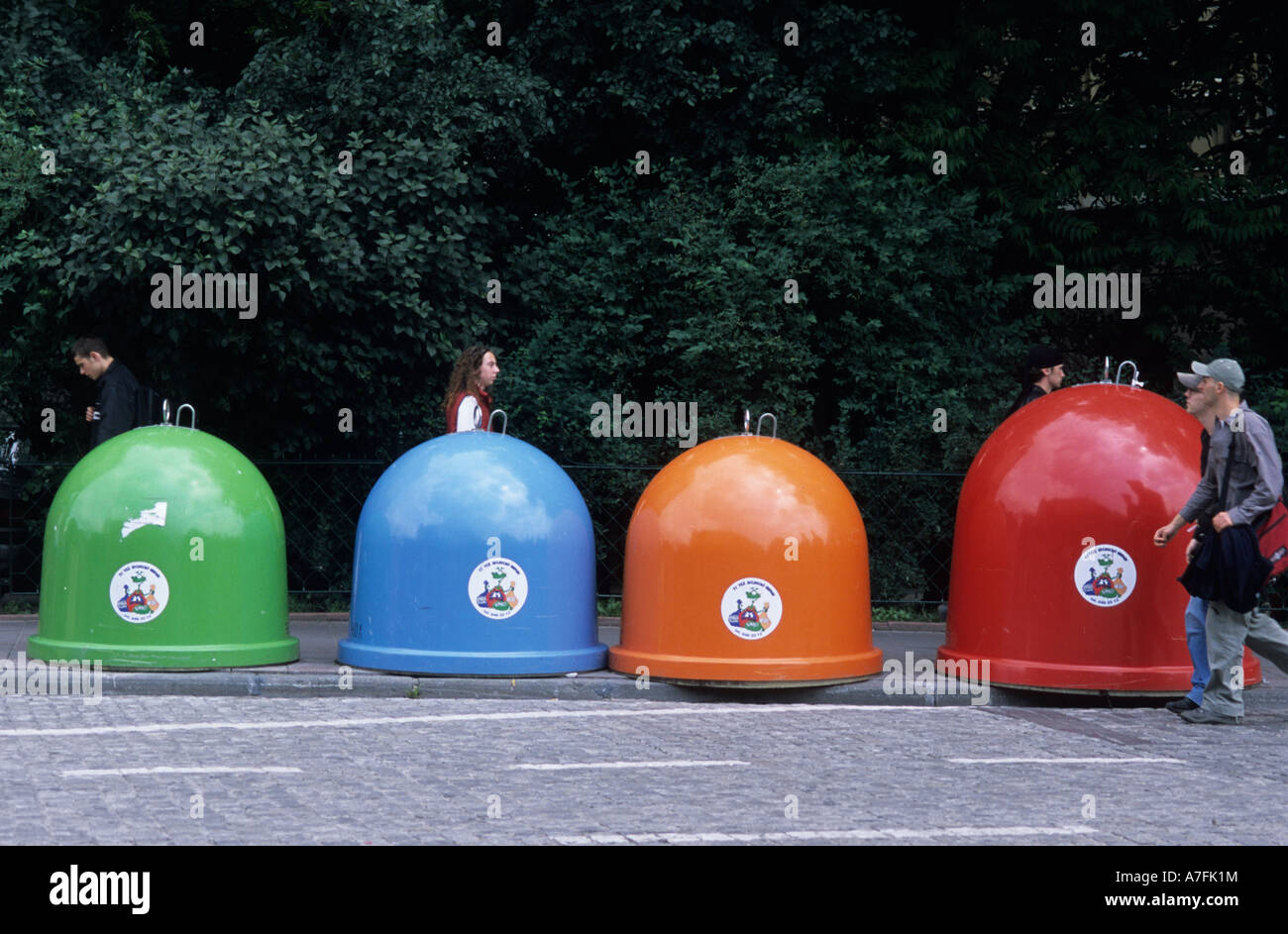 Recycling Coloured rubbish bins for different materials for recycling Krakow Poland Stock Photo