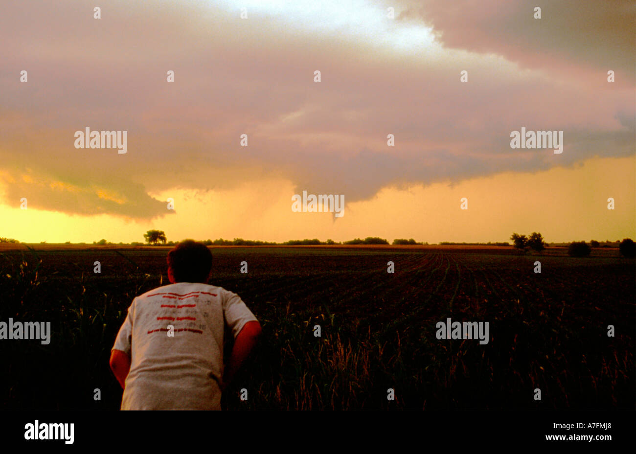 Storm chaser watches intently while shooting video of this tornado descending near Rock, Kansas on June 12, 2004. Stock Photo