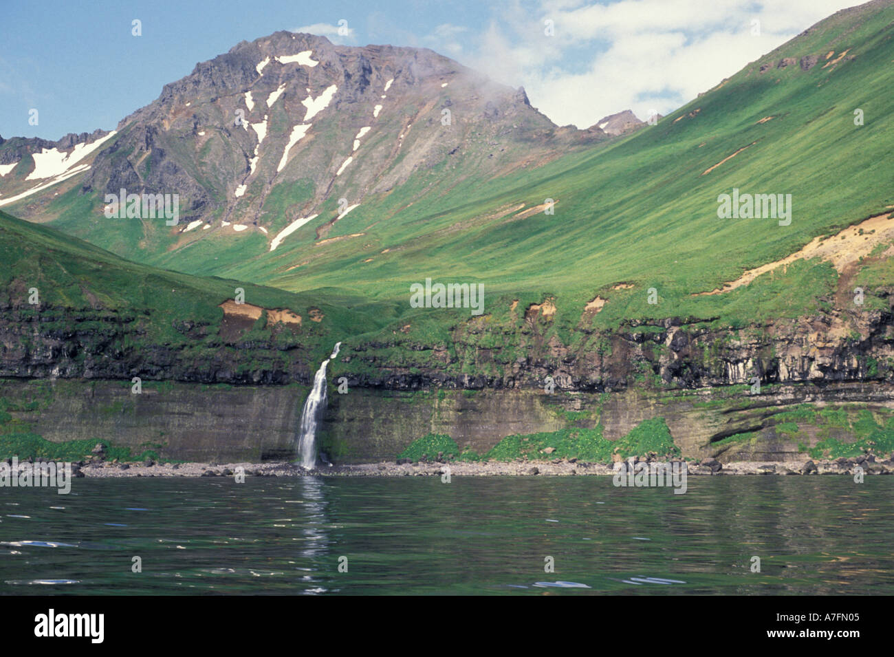 NA, USA, Alaska, Aleutian Islands, Unalaska Island, Waterfall landscape Stock Photo
