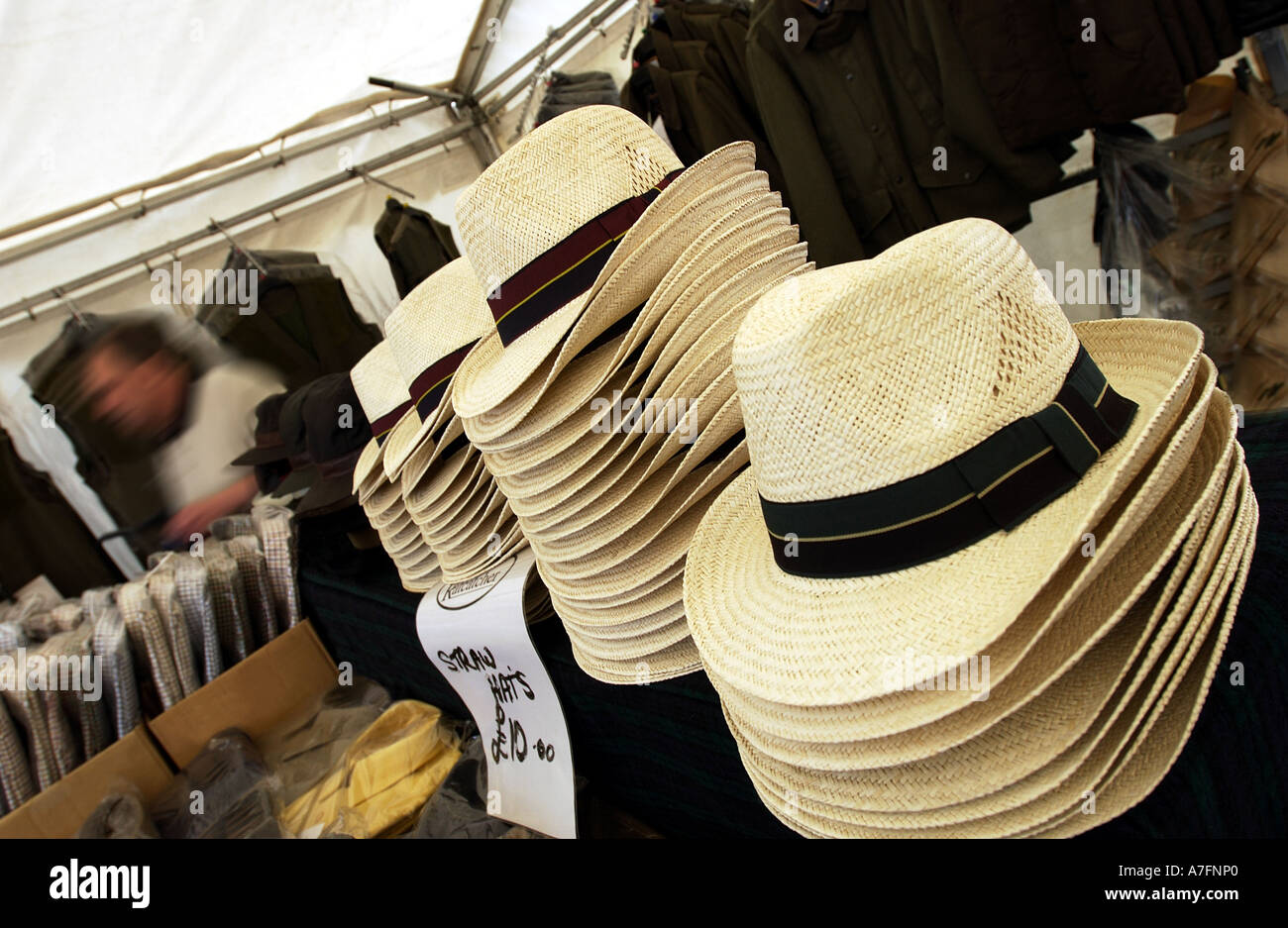 Straw hats on sale at Country Fair Stock Photo