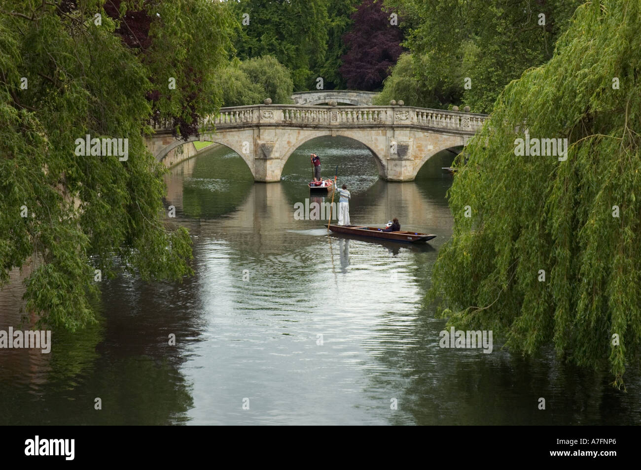 Punting on the River Cam with Clare Bridge and King's Bridge in the distance, Cambridge, England, UK Stock Photo