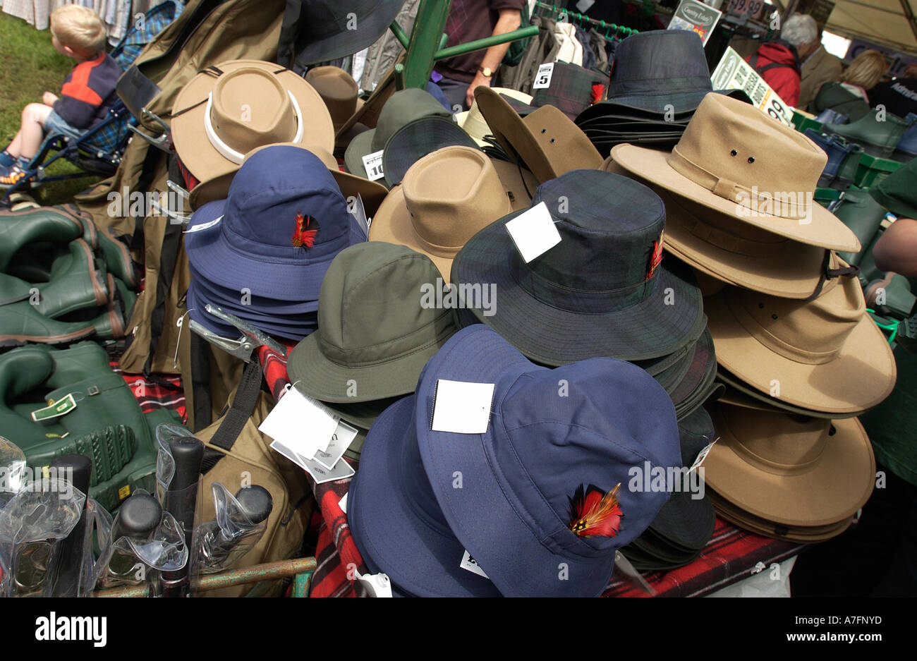 Souwester hats on sale at Country Fair Stock Photo