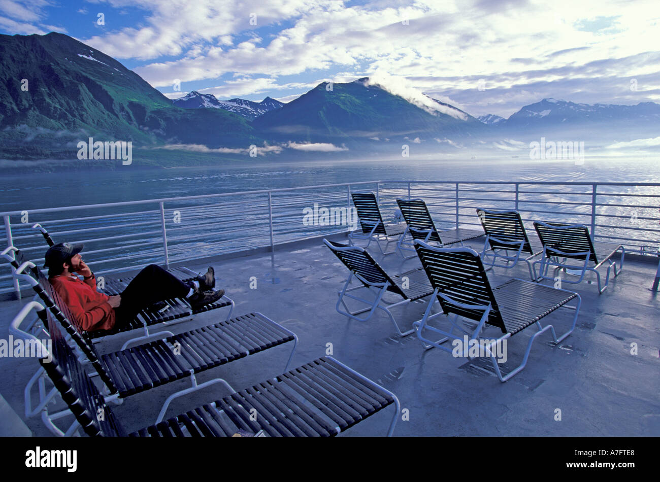 USA, Alaska, Prince William Sound, near Valdez, Alaska State Ferry sails the Prince William Sound, dawn Stock Photo