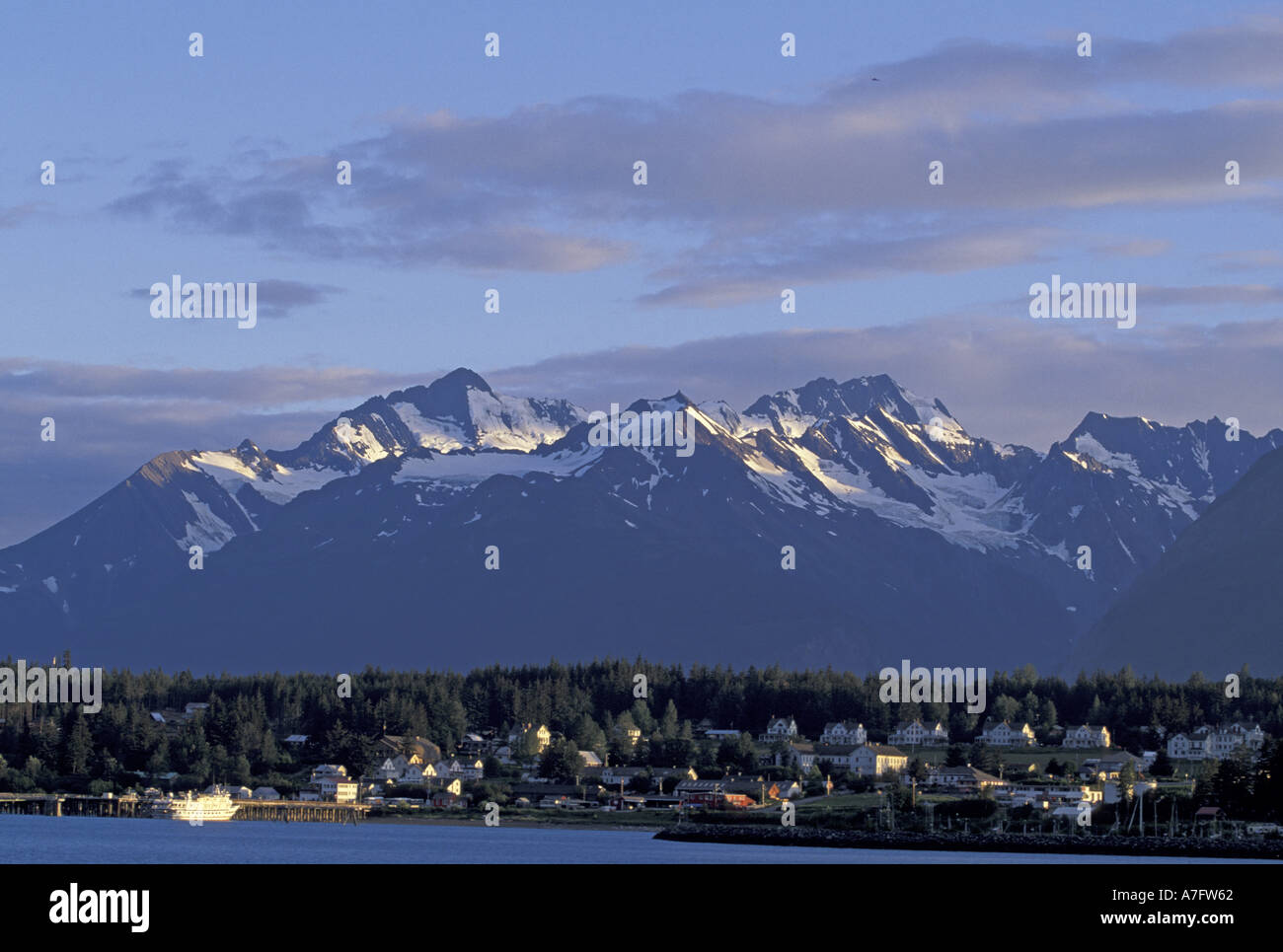 North America, USA, Alaska, Inside Passage, Haines. Sunset on city and
