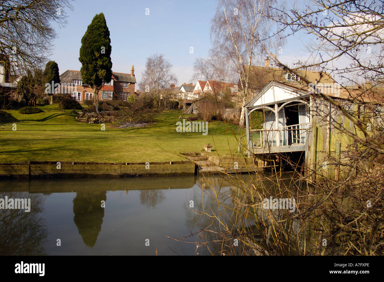 Boathouse and garden on the River Cherwell in Summertown, Oxford Stock