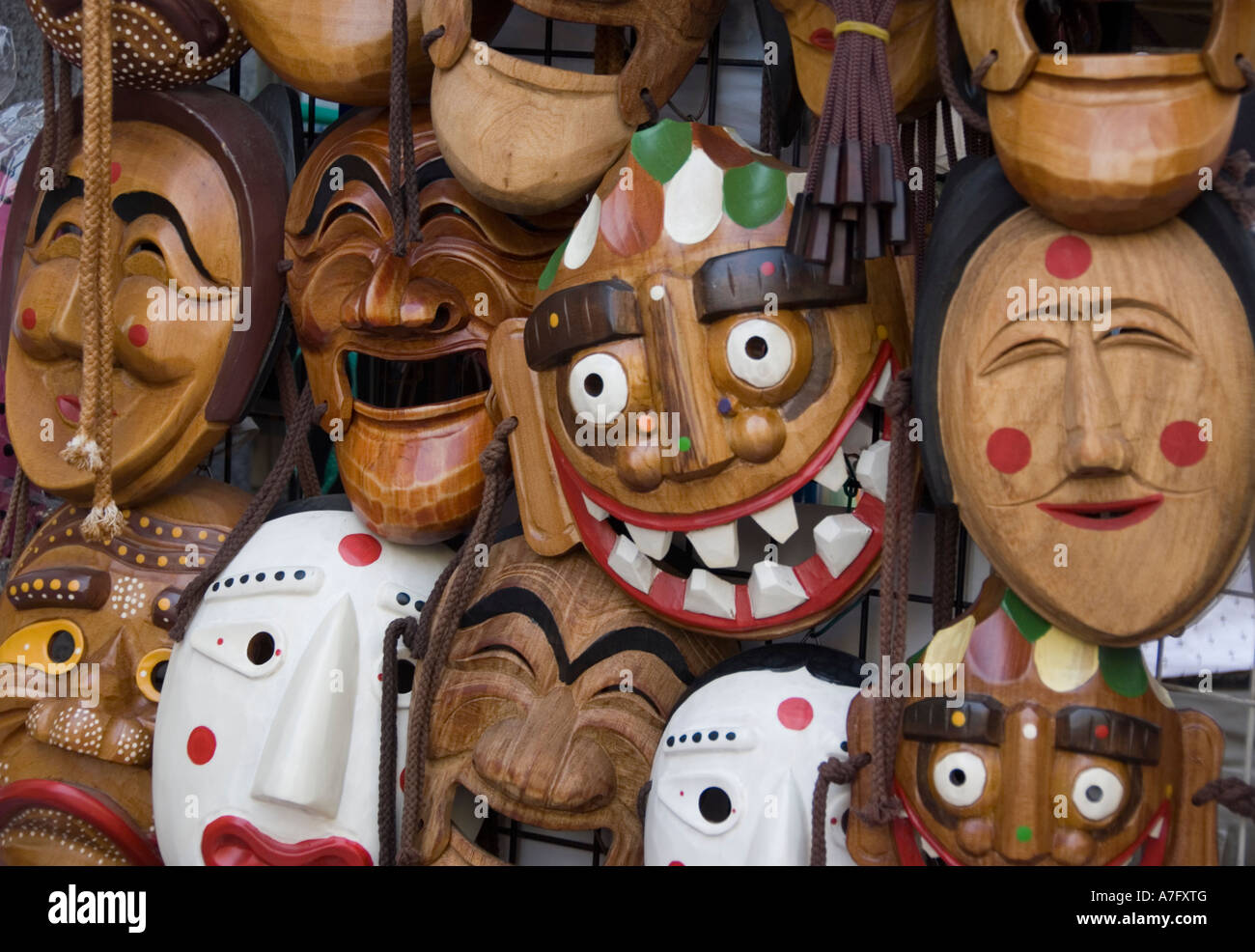 Masks at a shop in Insadong shopping district Seoul Korea Stock Photo