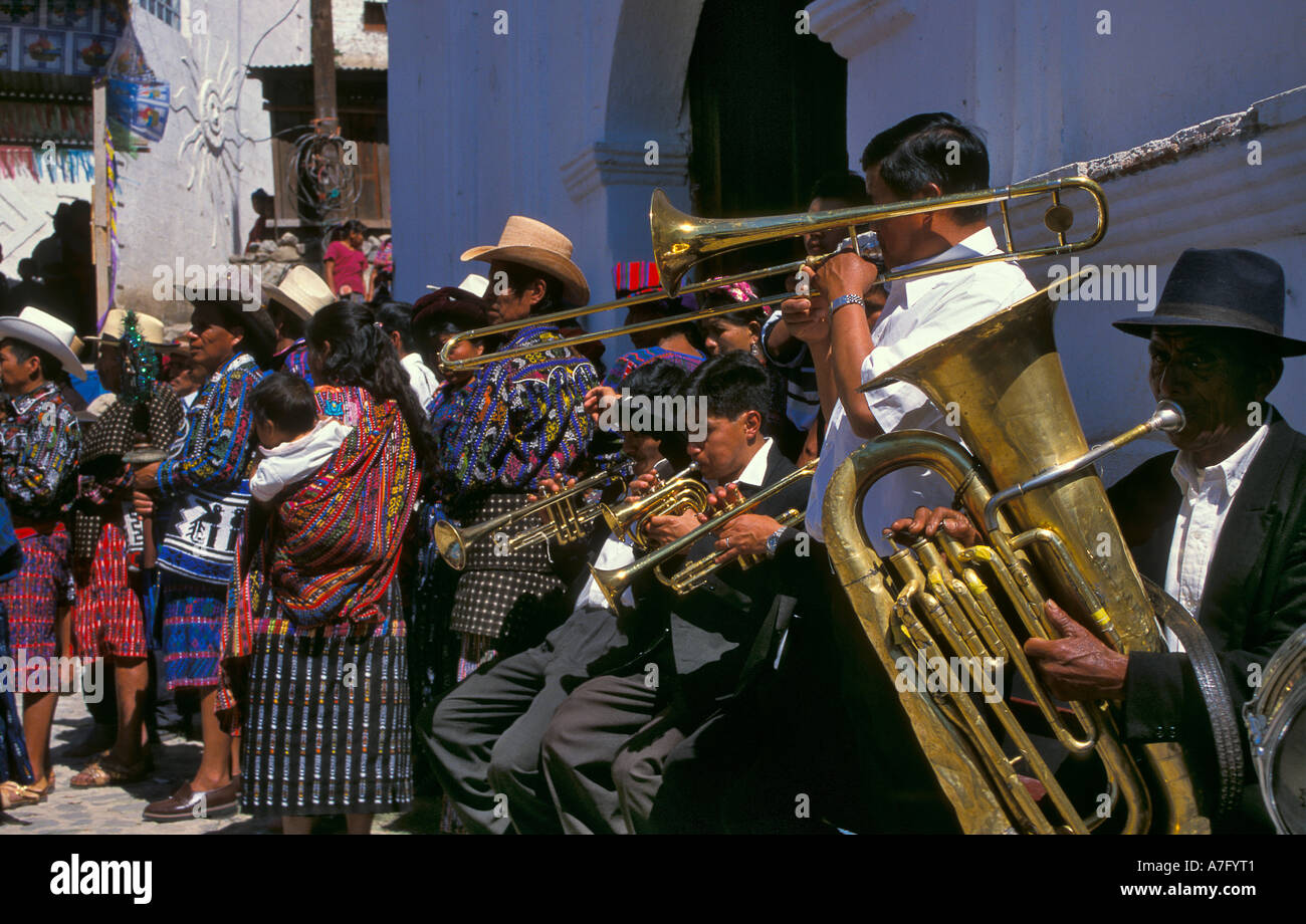 A brass band play at a fiesta to celebrate the Saints Day in Santa Catarina Polopo, Atitlan, Guatemala Stock Photo