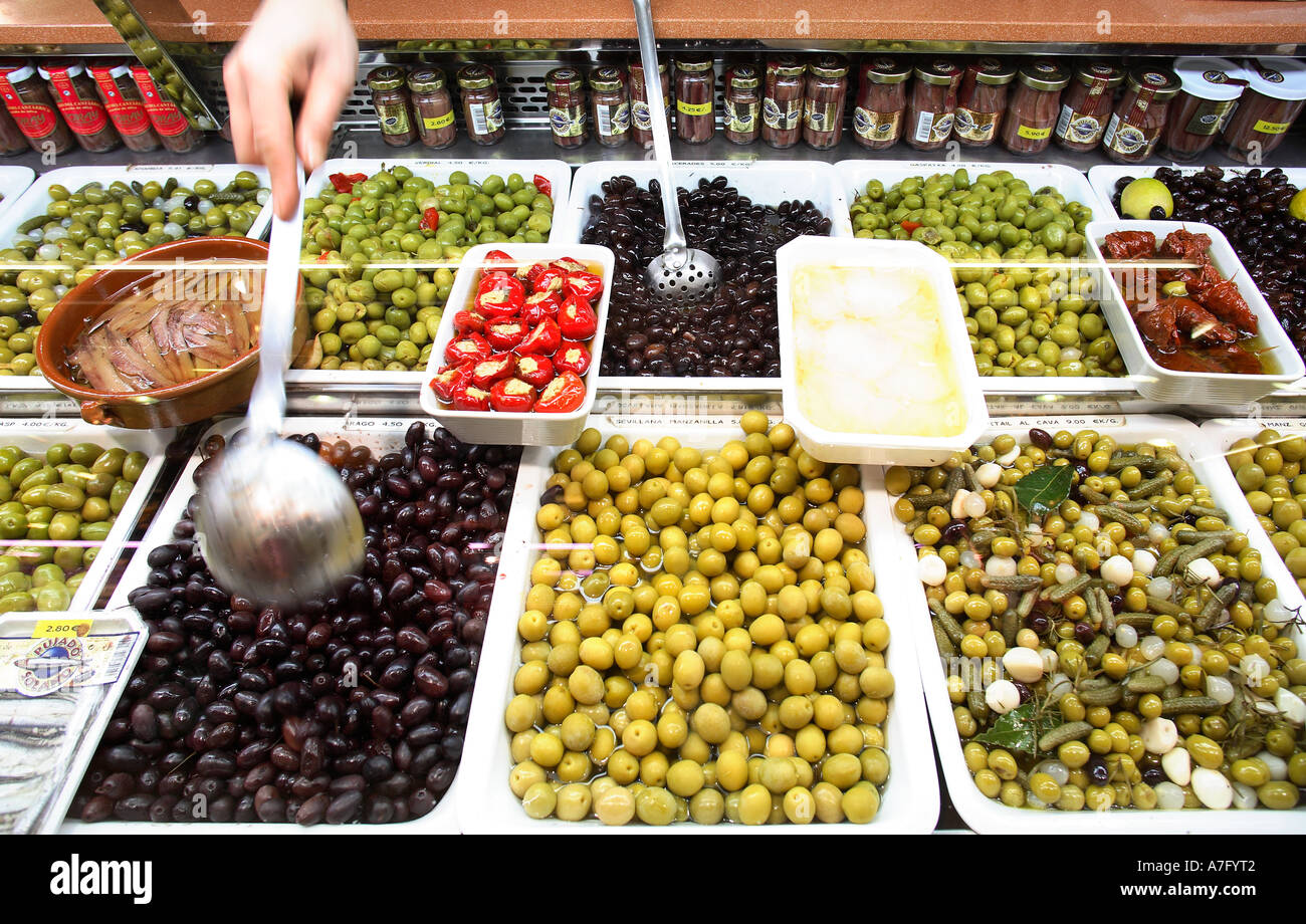 Olive stall, Interior of Santa Caterina food market, Barcelona, Spain