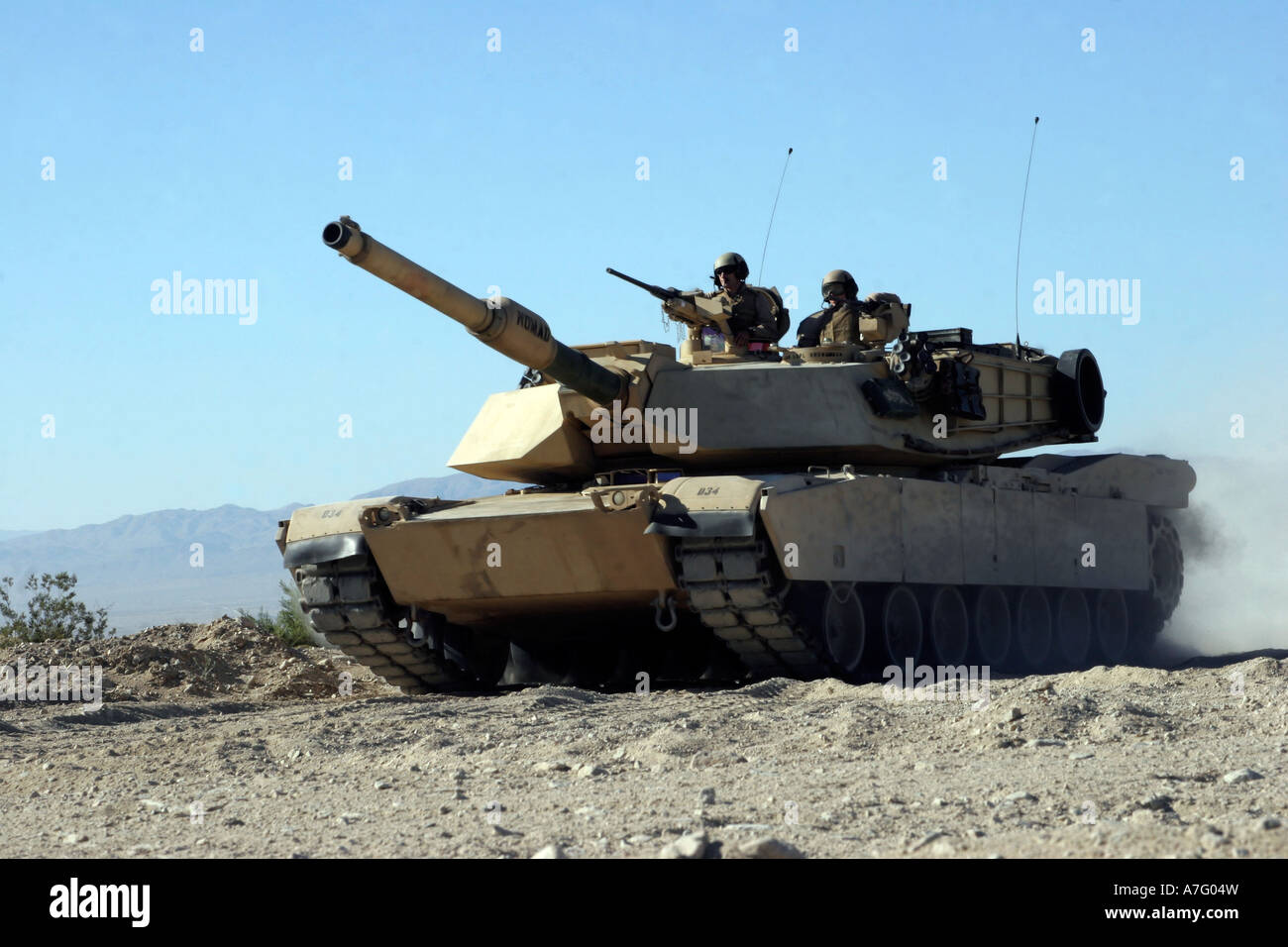 An M1A1 main battle tank makes its way to the firing line at Combat Center's Range 500. Stock Photo