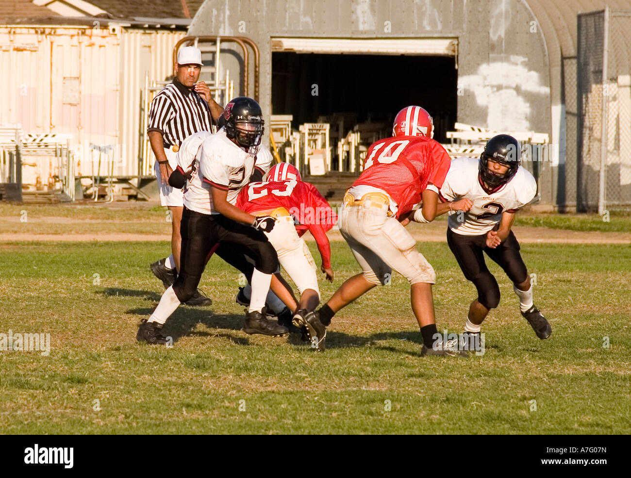 Junior varsity high school American football game. Stock Photo