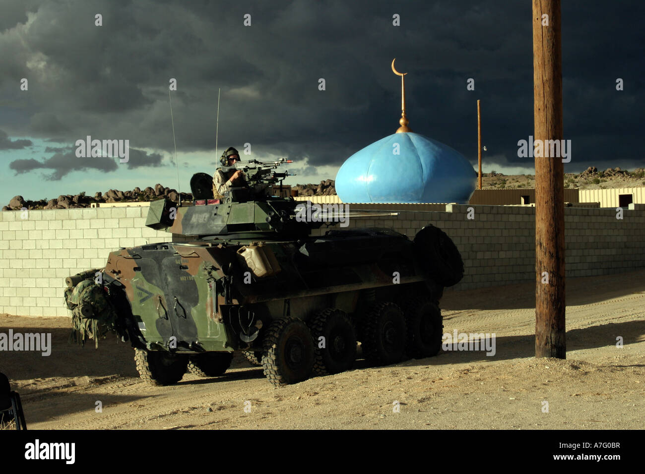 Vehicle commander glares into the military operations on urban terrain