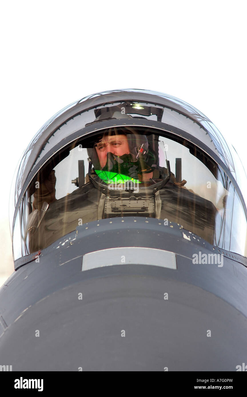 U.S. Air Force captain conducts a preflight check of his F-15 Strike Eagle aircraft before flying a mission over Iraq. Stock Photo