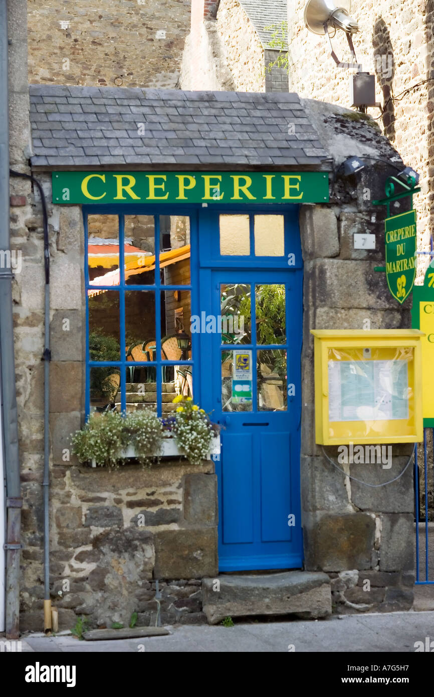 PANCAKE RESTAURANT'S ENTRANCE WITH A BLUE DOOR DINAN BRITTANY FRANCE