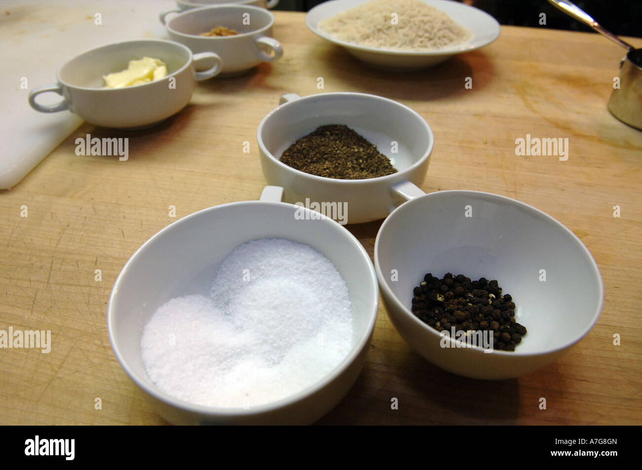 Salt pepper and other spices in the kitchen of the James Beard House