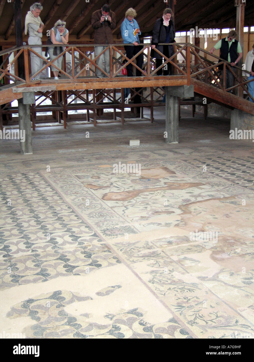 Tourists Looking at Mosaic at the Nea Pafos Archeological Site in Paphos in Cyprus Stock Photo