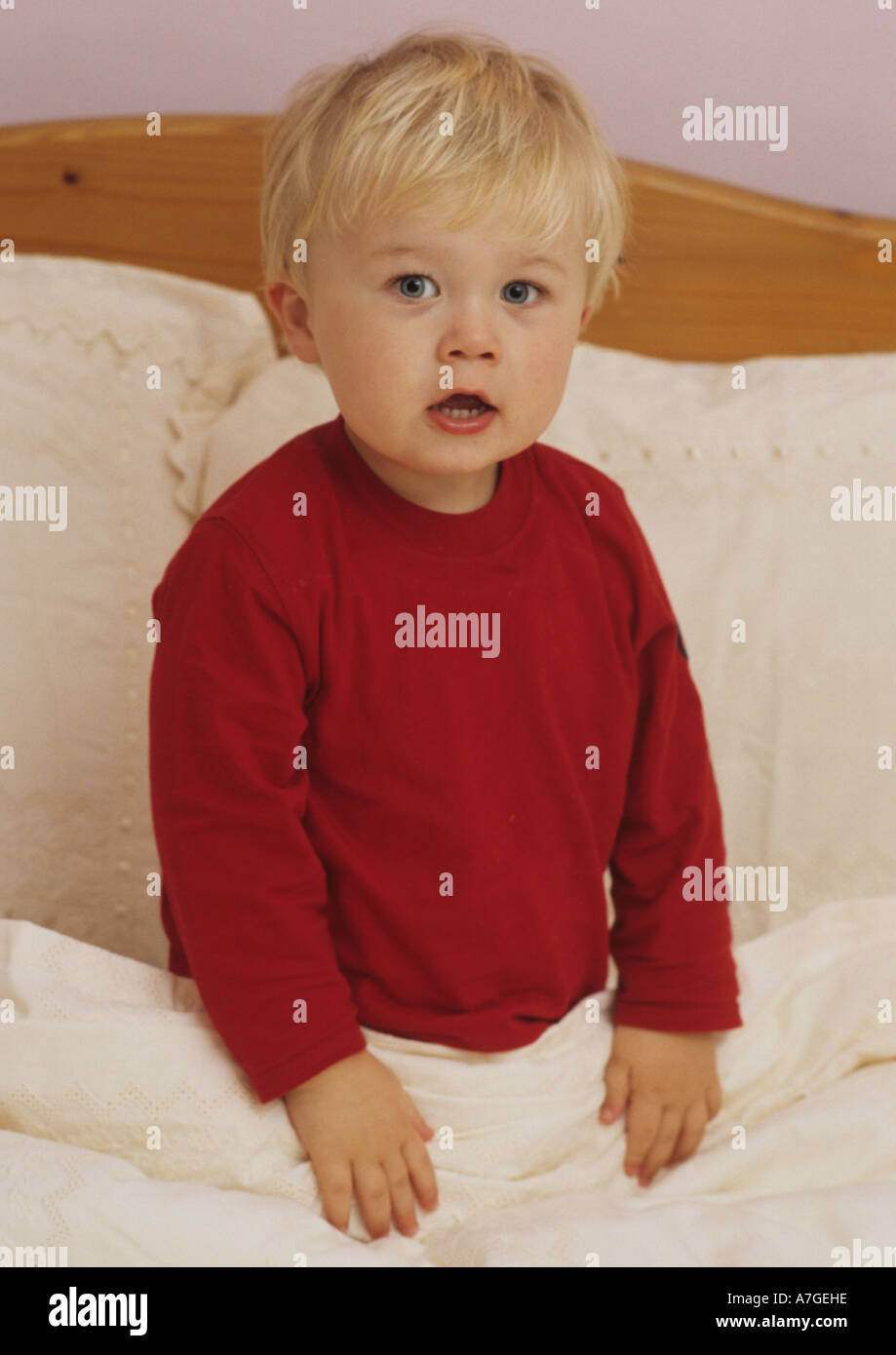 Portrait Of Two Year Old Boy In Bed in the Uk Stock Photo Alamy