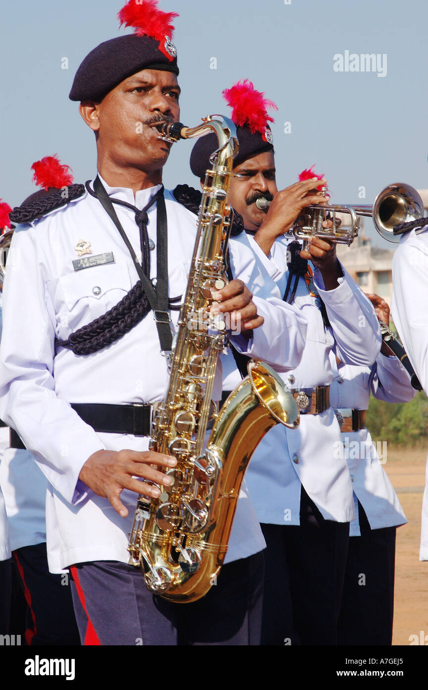 Police Band musician playing saxophone on 26th January Republic day parade, India Stock Photo