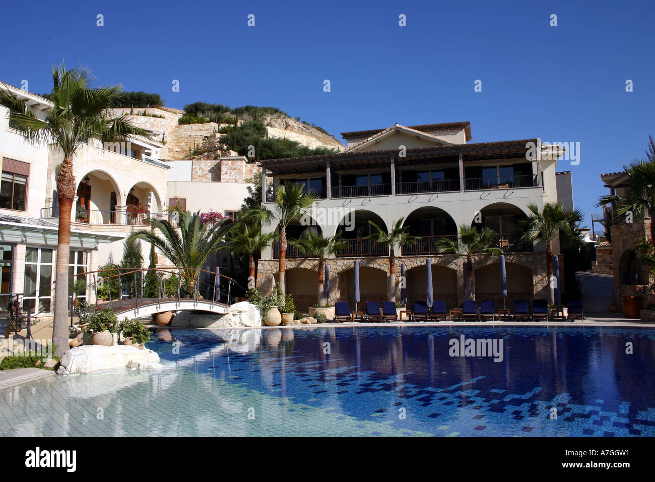 Swimming Pool of Columbia Beach Hotel at Pissouri Beach in Cyprus Stock Photo