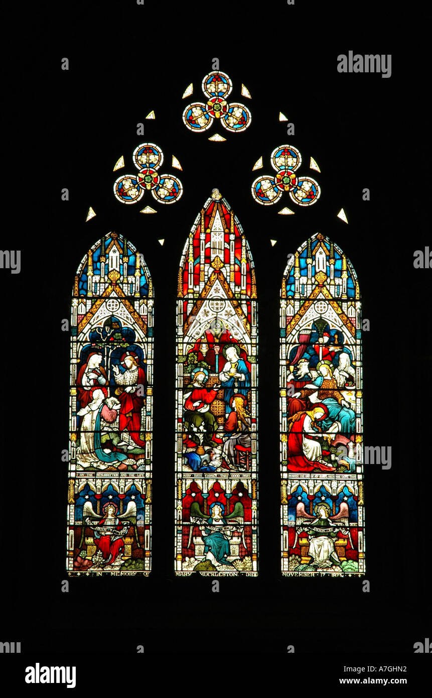 Lichfield Cathedral. Stained glass window. Stock Photo