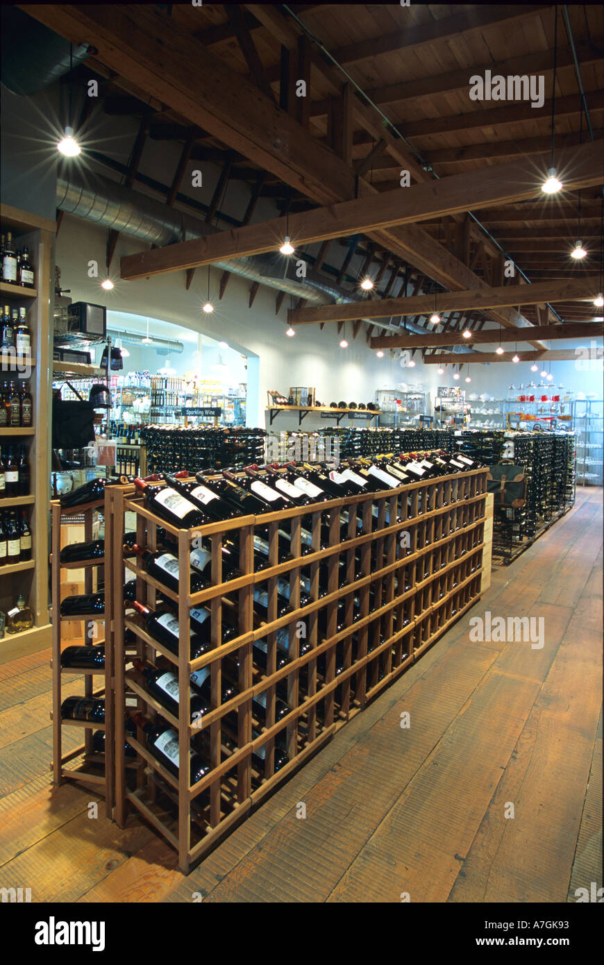 USA, California, Napa Valley, wine country, racks of wine bottles at the Dean and DeLuca store in St. Helena Stock Photo