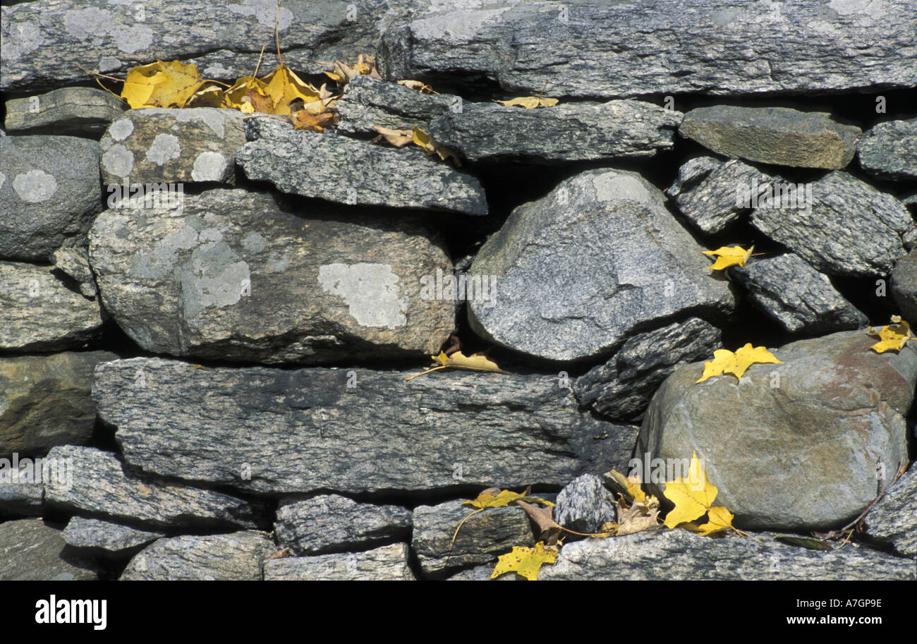 US, CT, New Milford, stone wall in front yard of the Main House on the Henderson property, Litchfield Hills Stock Photo