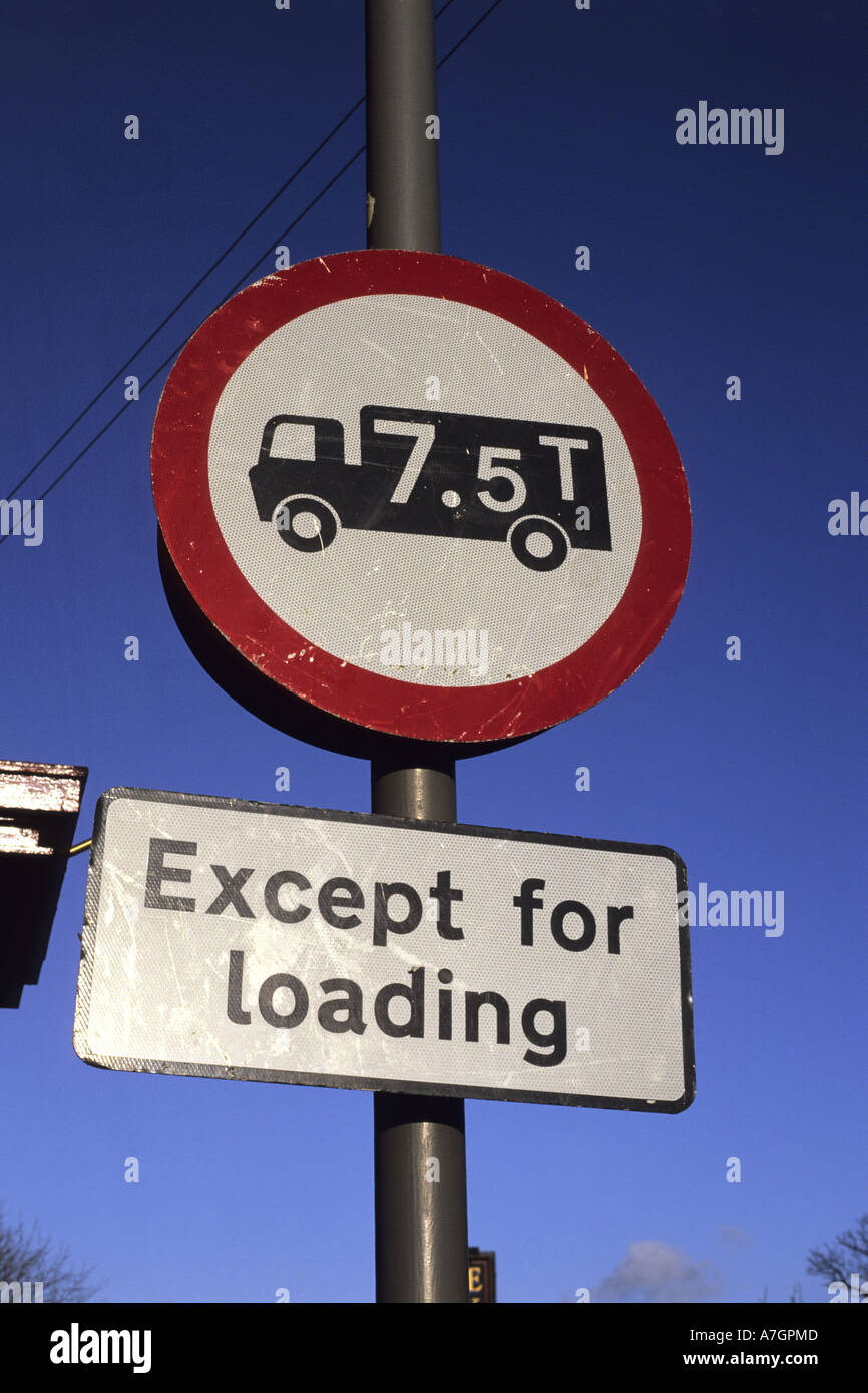 weight limit restriction warning sign of 7 5 tons for lorrys on road ahead except  for loading leeds uk Stock Photo