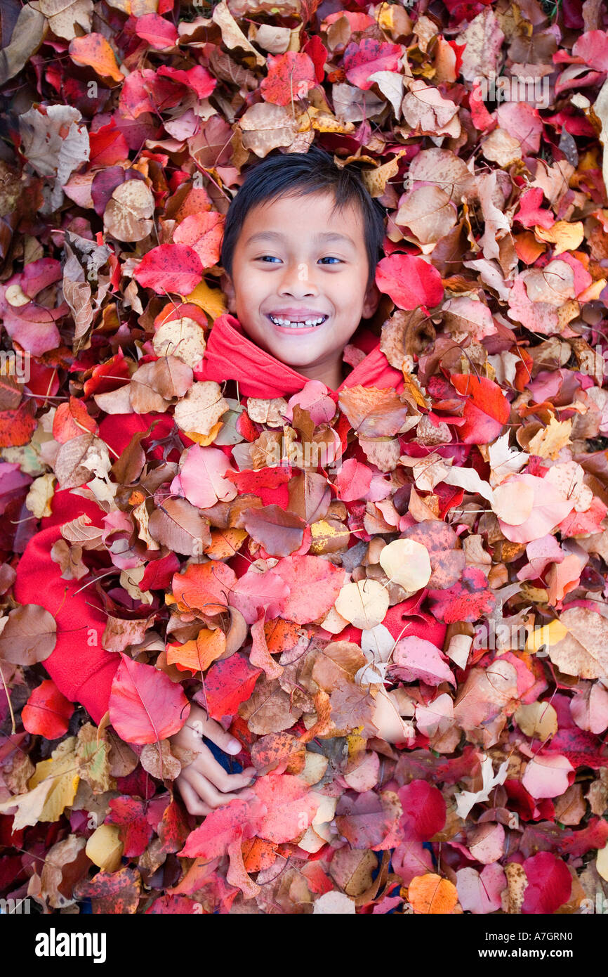 Immigrant Asian boy in autumn leaves, Tennessee Stock Photo