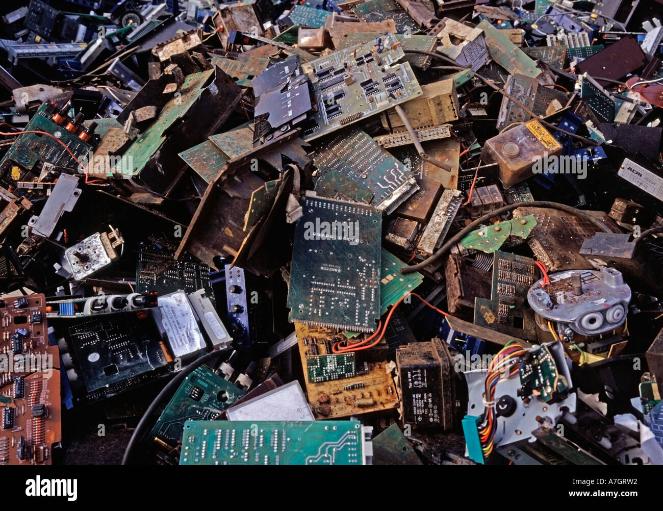 collected old electronic scrap Stock Photo