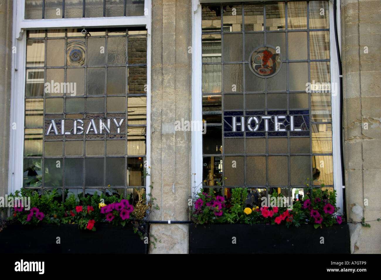 Decorative window of the Albany Hotel, Donald St, one of Cardiff 's traditional pubs still with its original name Stock Photo