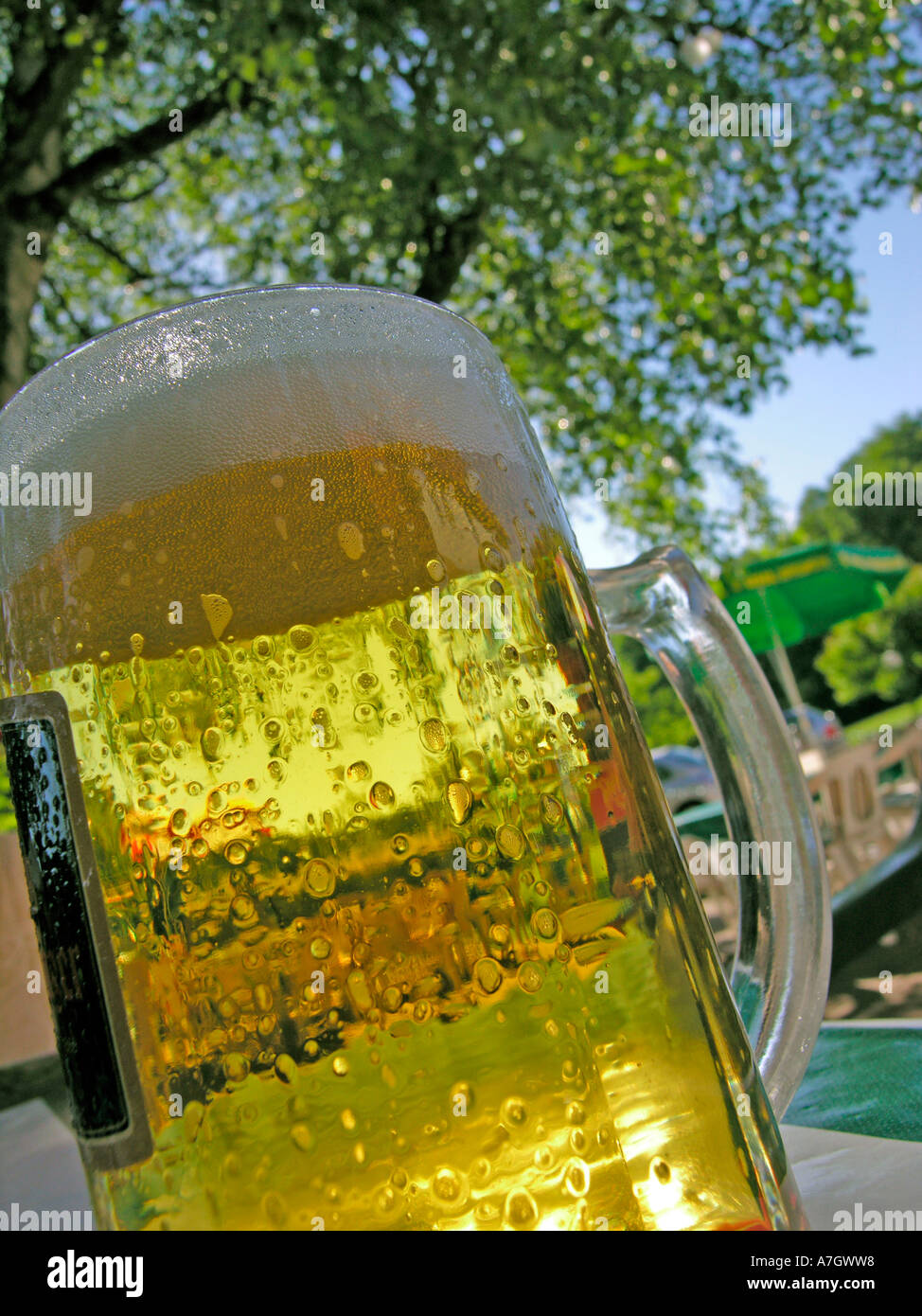 full beer mug of glas in background a beergarden in hot weather in ...