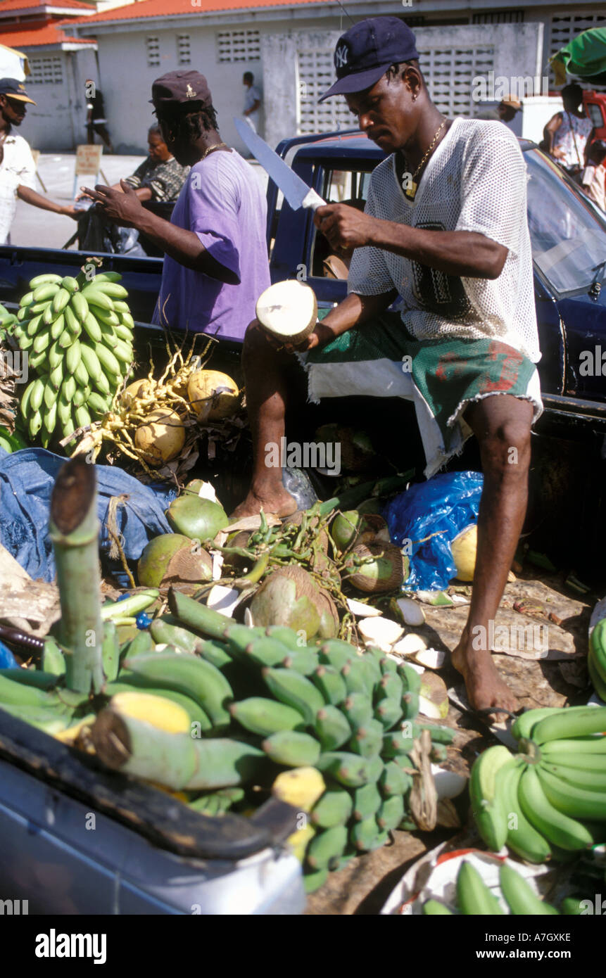 Street vendor in Castries' open air market, St. Lucia Stock Photo