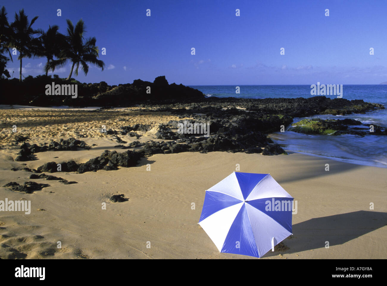 N.A., USA, Maui, Hawaii. Umbrella on beach cove Stock Photo Alamy