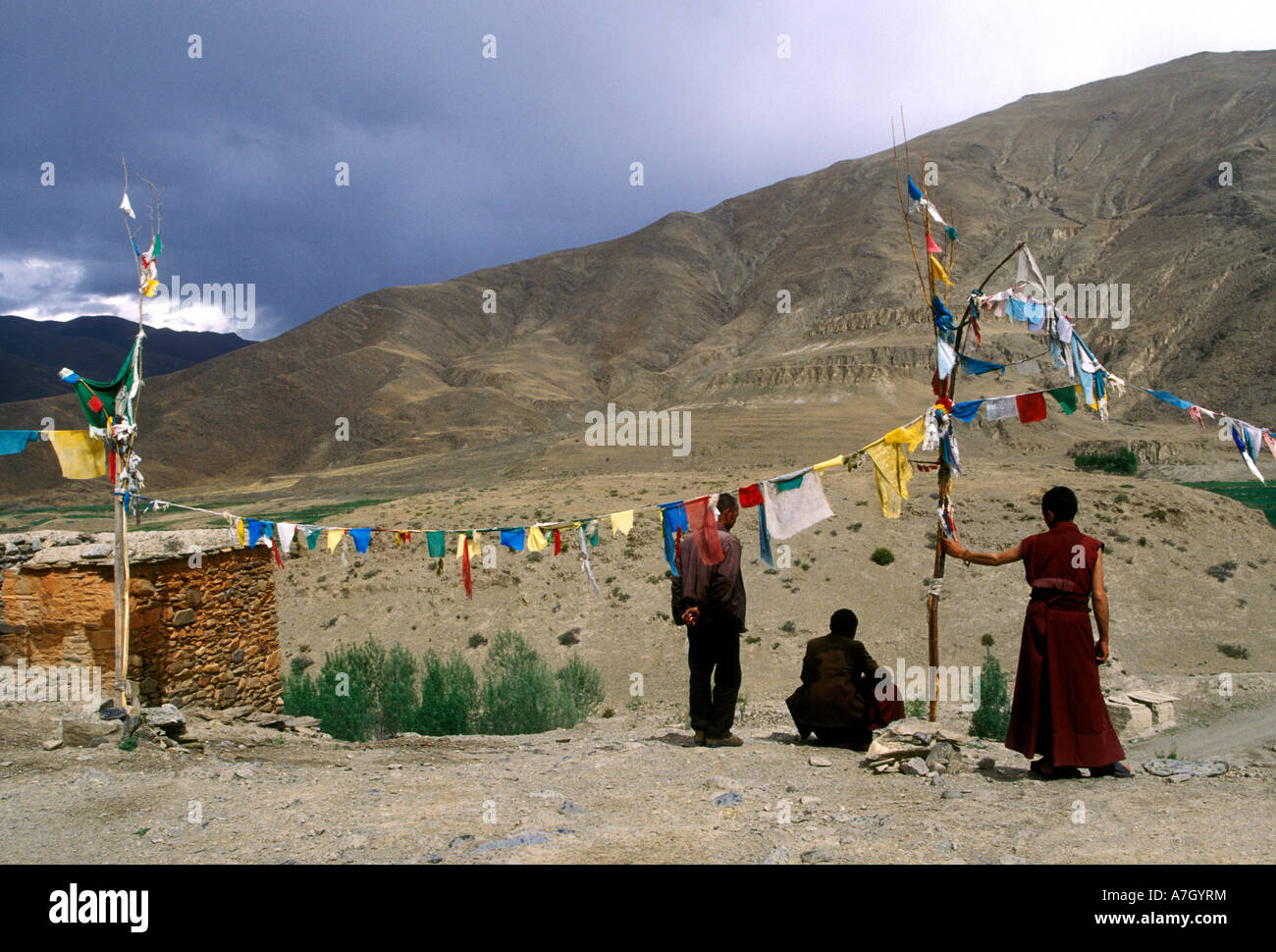 Tibetan monks, Tombs of the Tibetan Kings, near town of Chongye, Chongye Valley, Tibet, Tibet