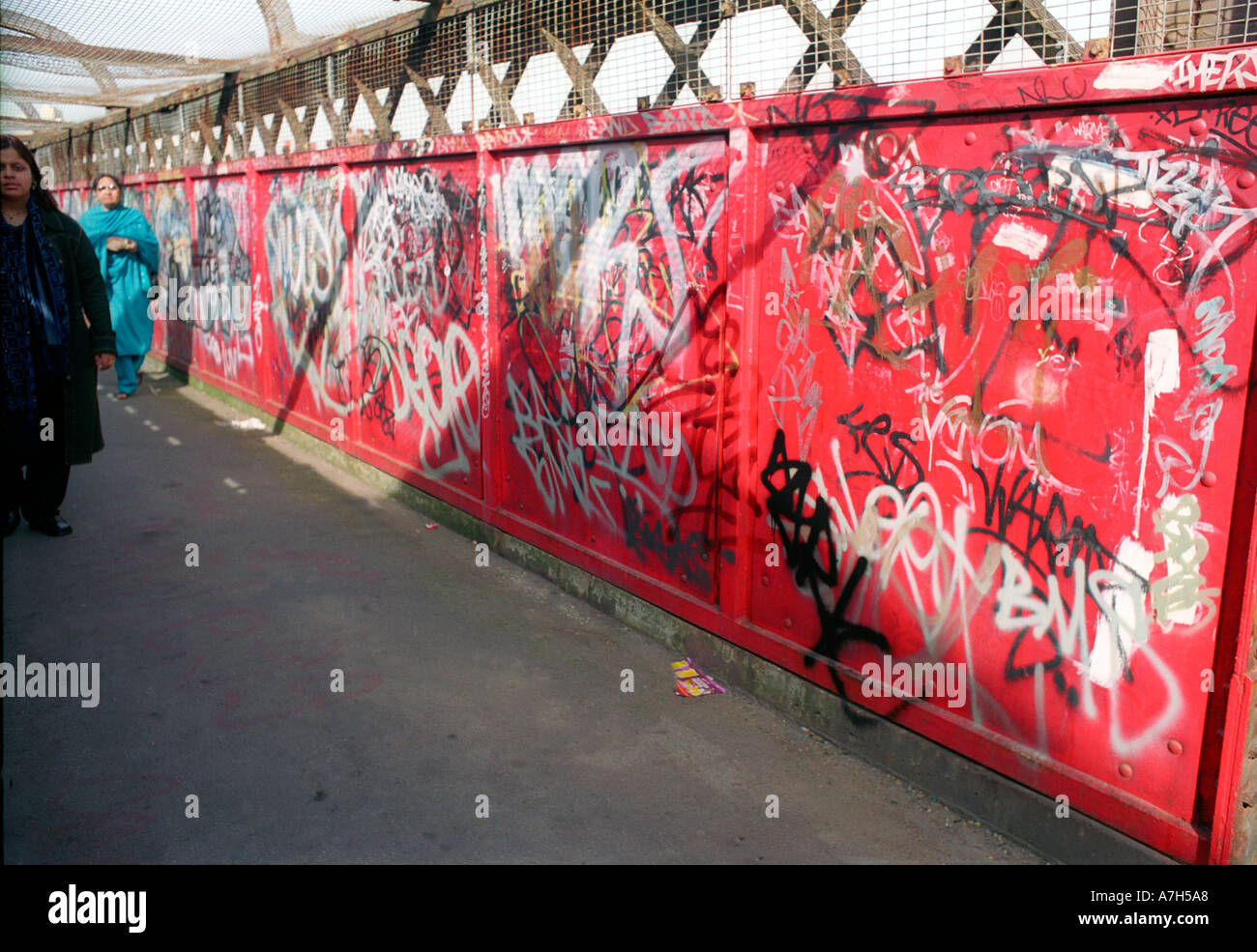 Inner city grafitti on railway bridge crossing. Stock Photo