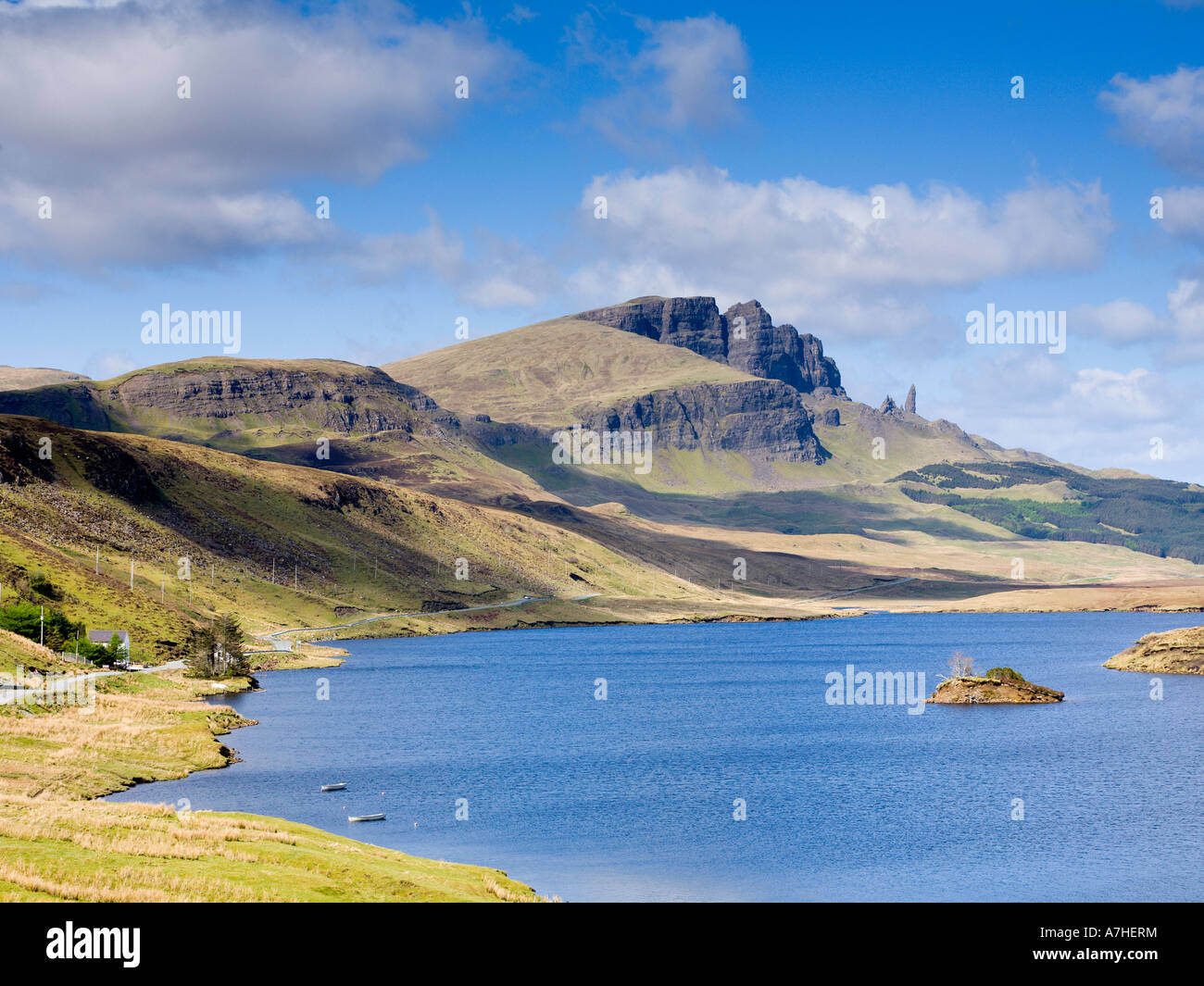 View across Loch Fada towards the Old Man of Storr Trotternish Skye Scotland Stock Photo