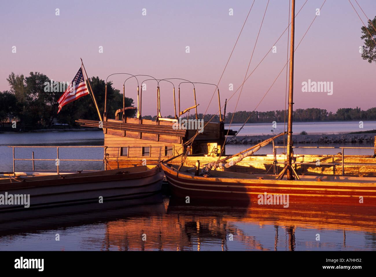 USA, Iowa, Onawa, Wooden keelboat, replica of main boat, Blue Lake