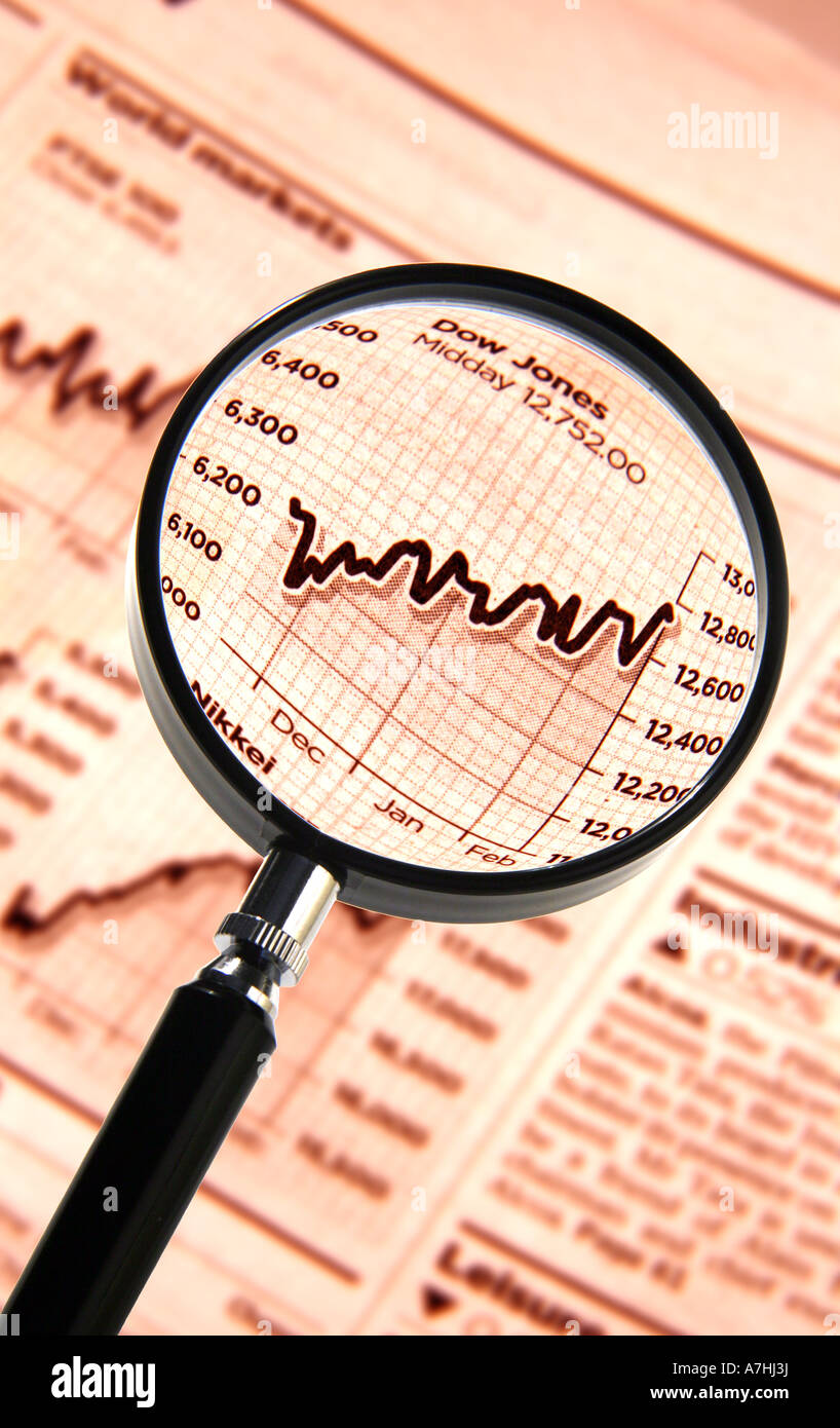 Dow Jones Share Price Graph under a Magnifying Glass Stock Photo