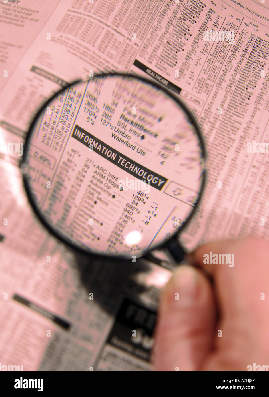 Information Technology Companies Share Prices under a Magnifying Glass Stock Photo