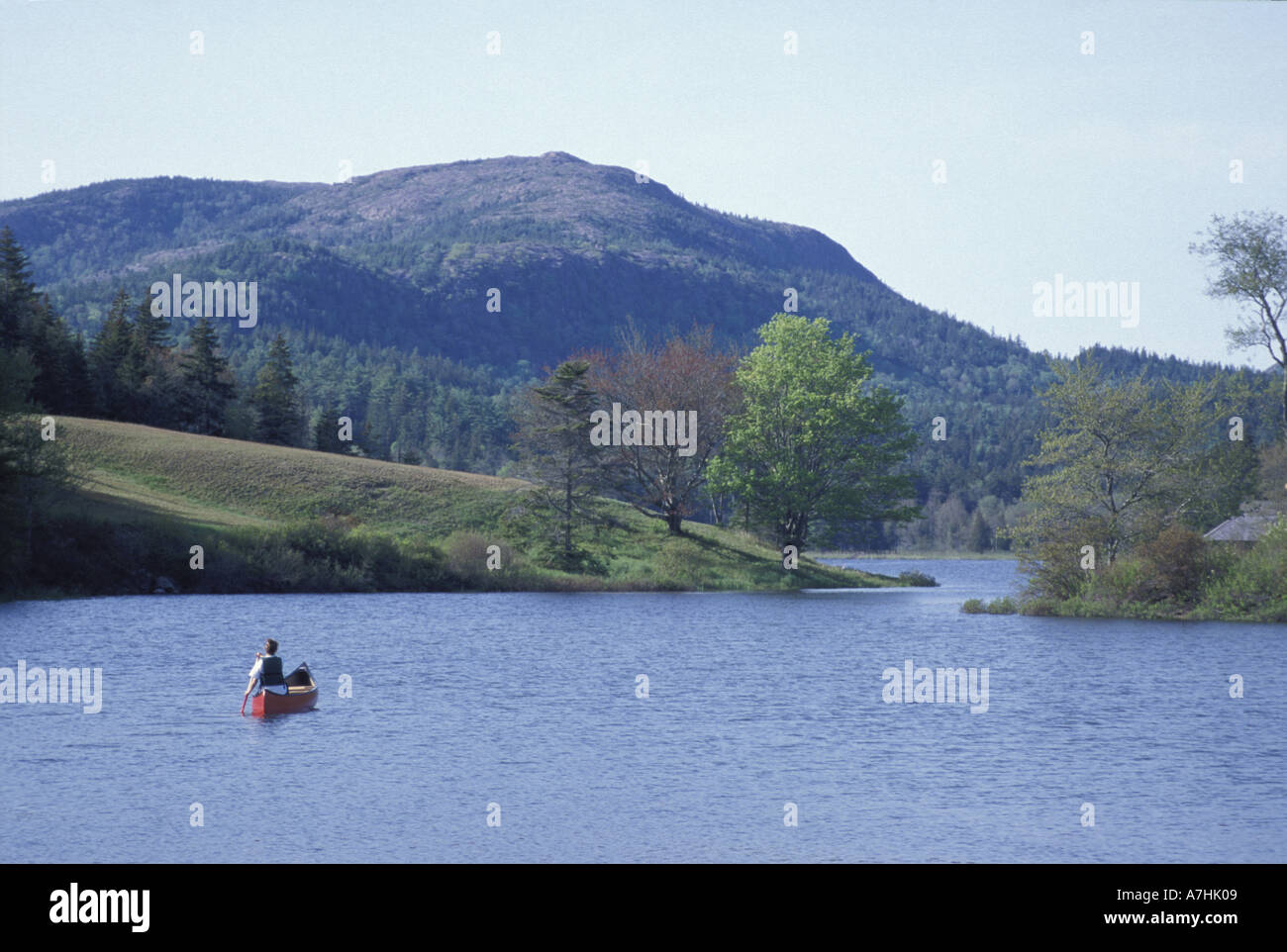 North America, US, ME, Canoeing. Little Long Pond. Parkman Mtn. Spring. (MR Stock Photo Alamy