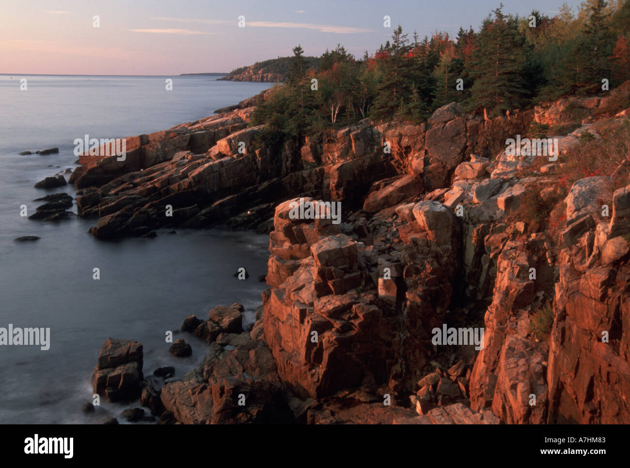 North America, U.S.A., Maine,  Acadia National Park,  Coastal rocks in morning light Stock Photo