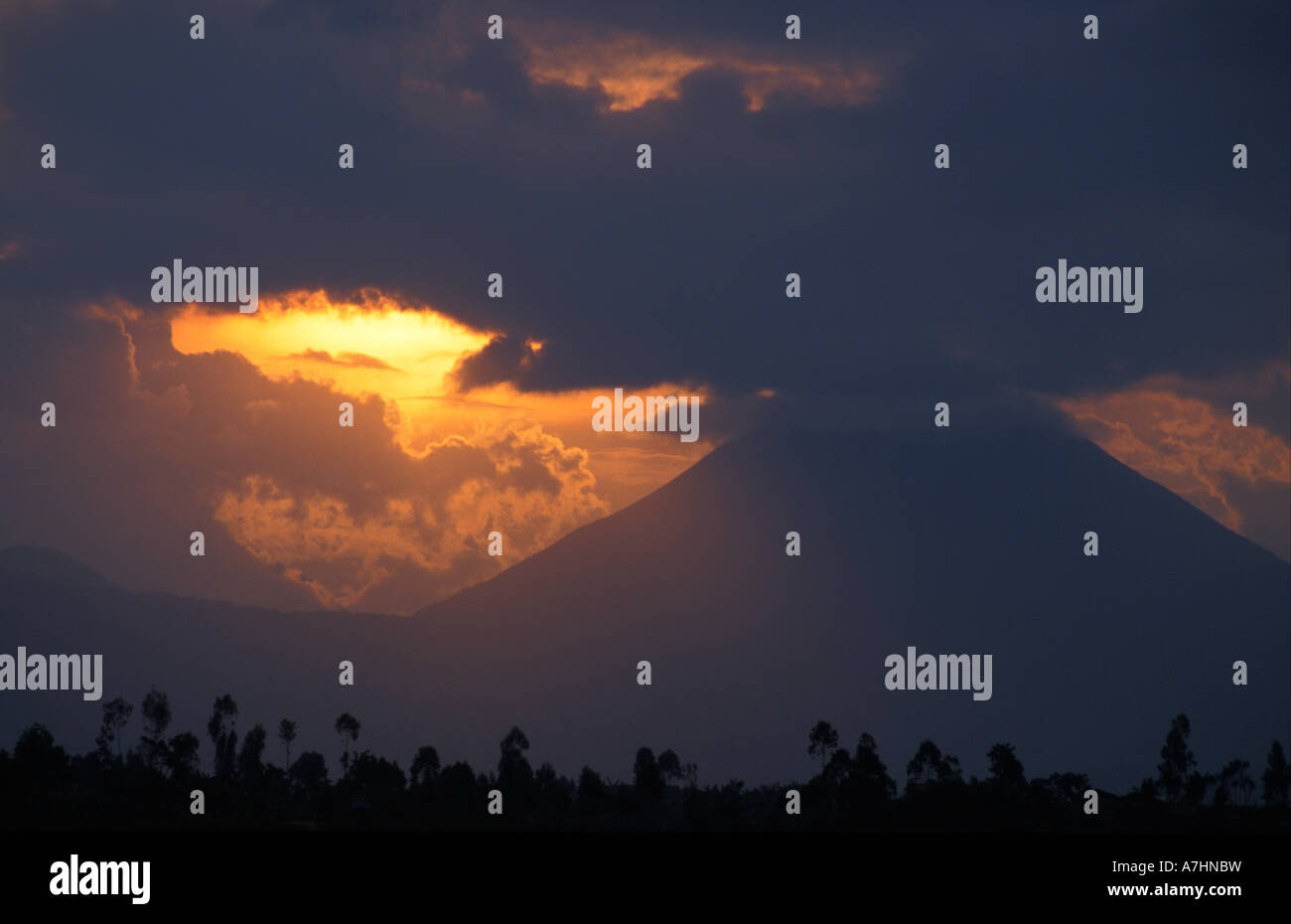 Virunga mountains at sunset, Volcanoes National Park, Rwanda Stock