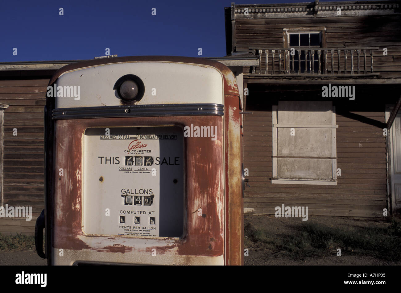 N.A., USA, Montana, Bozeman, Abandoned gas station at Virginia City, a former mining town turned tourist attraction Stock Photo