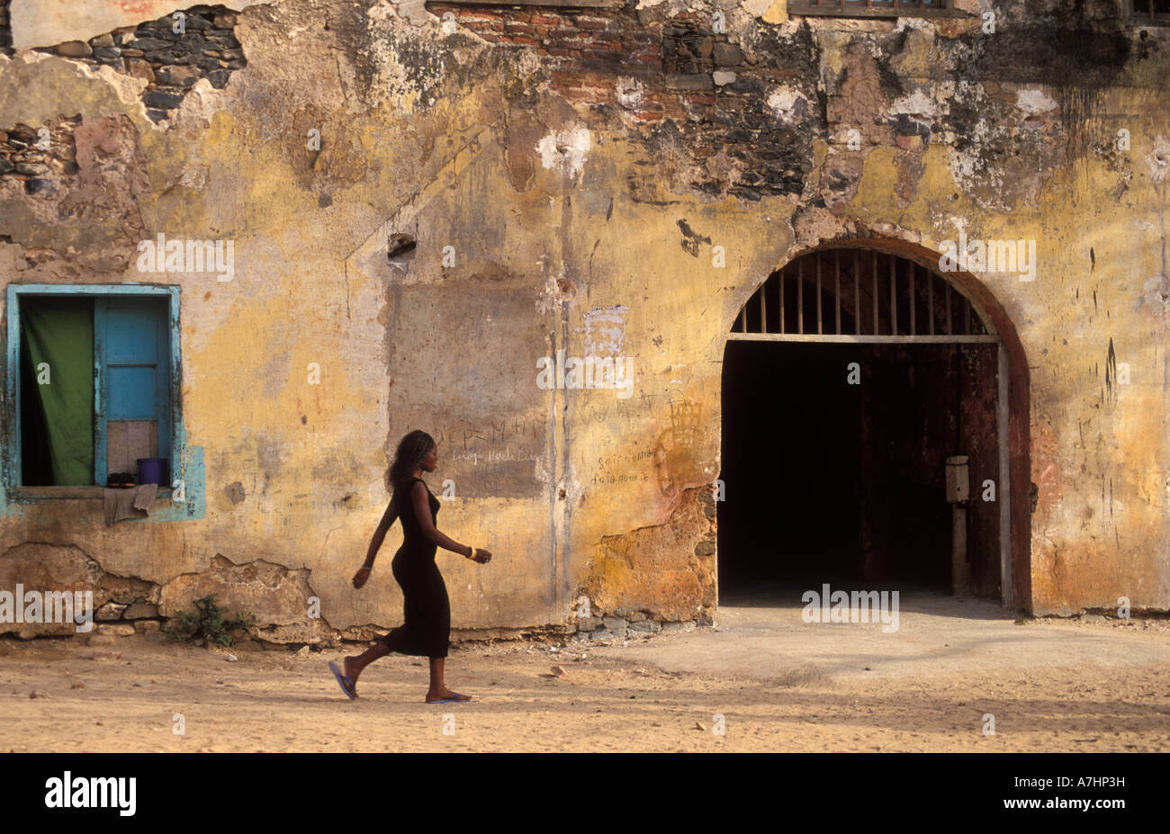 crumbling old colonial building on the market square Goree Island Senegal Stock Photo