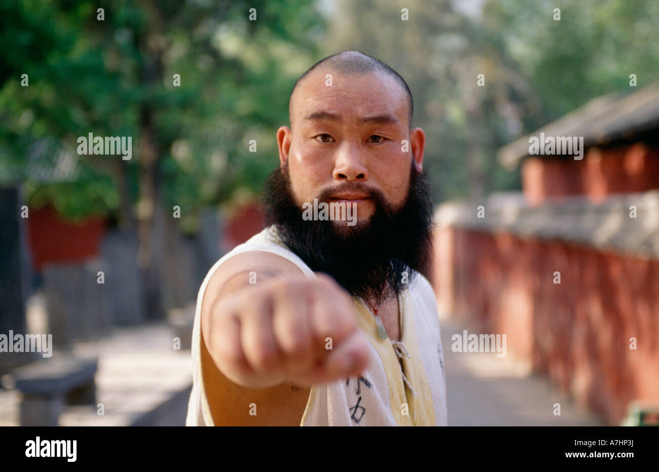 A Kung Fu monk throws a punch at the camera. Stock Photo