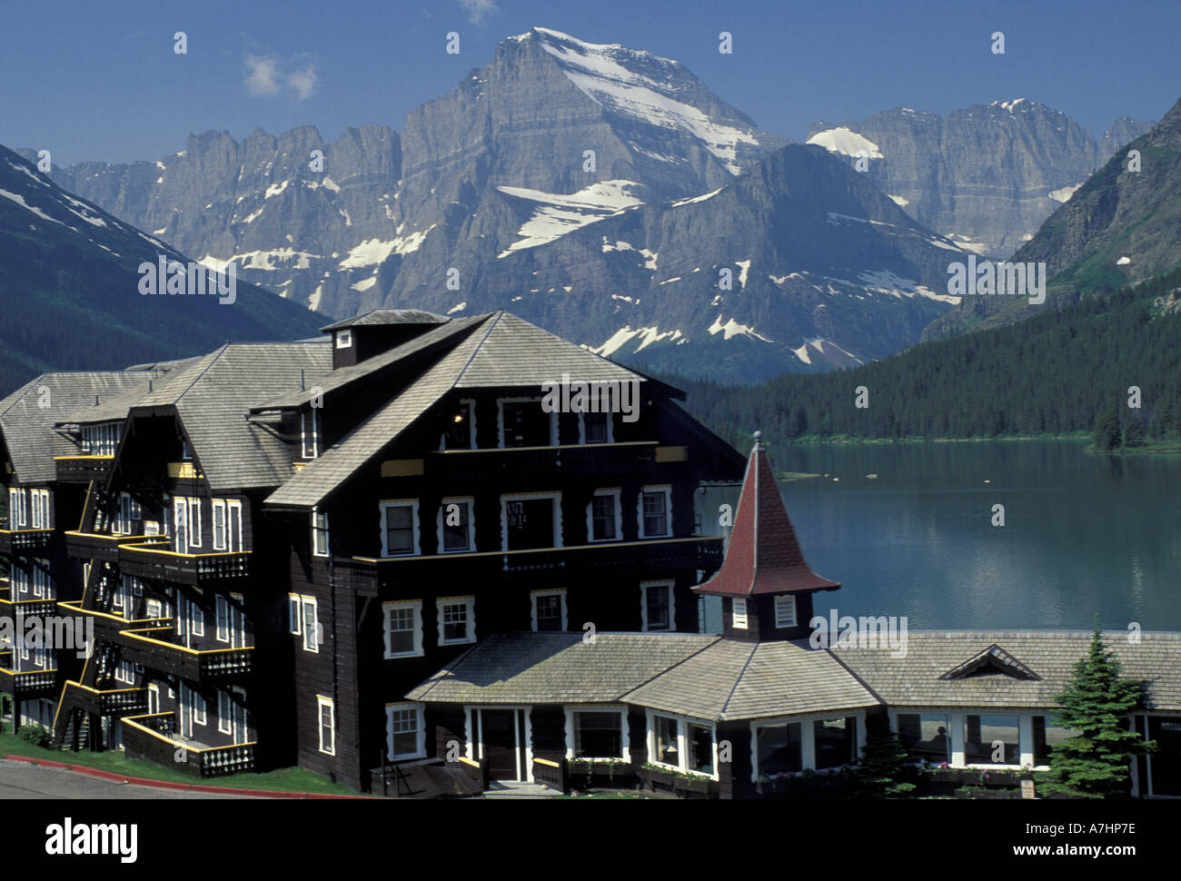NA, USA, Montana, Glacier National Park. Many Glacier Hotel at Stock
