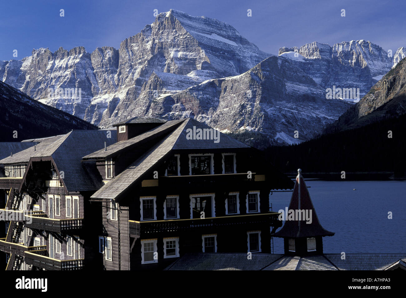 N.A., USA, Montana. Glacier National Park. Lodge at Many Glaciers area Stock Photo