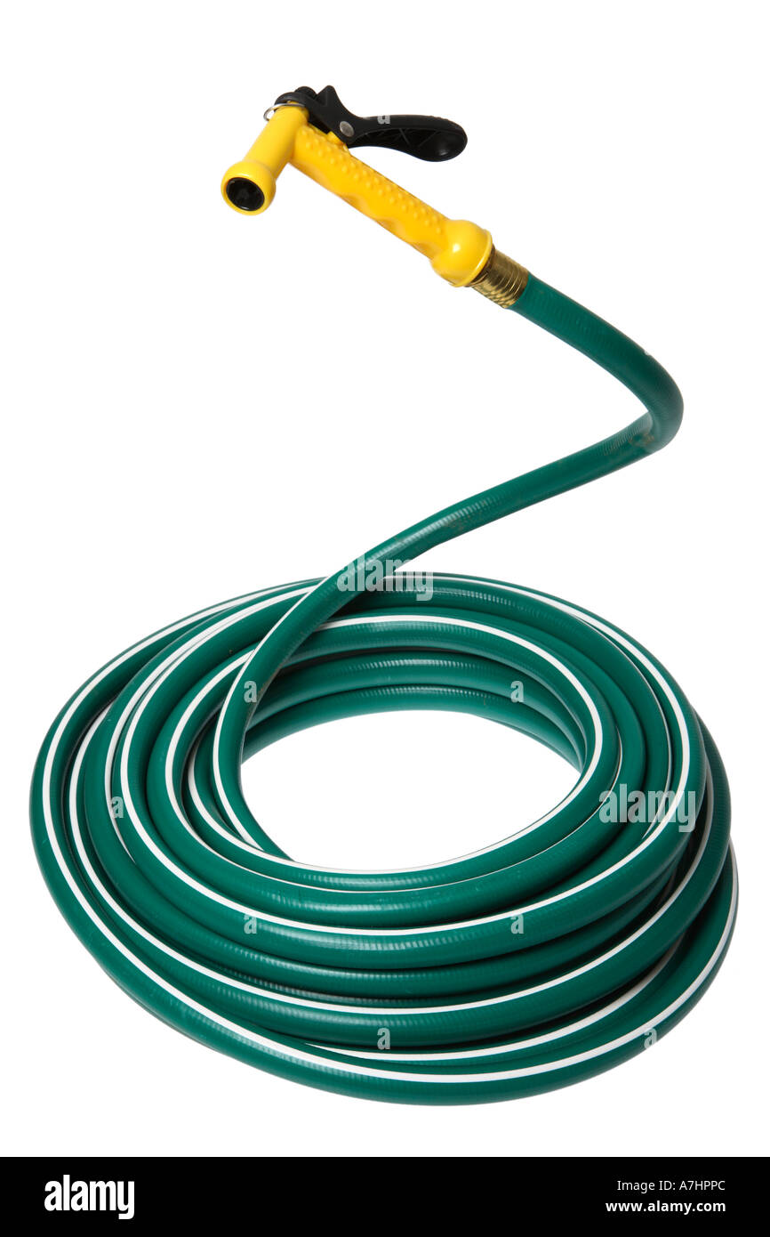 Garden hose with spray nozzle Stock Photo