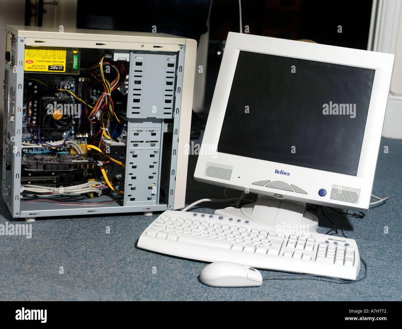 Desktop Computer with CPU Dismantled to Show Different Components Stock