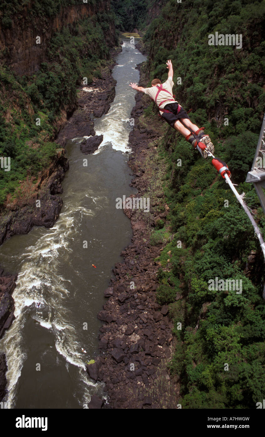 Bungee jumping from Victoria Falls bridge above the Zambezi river